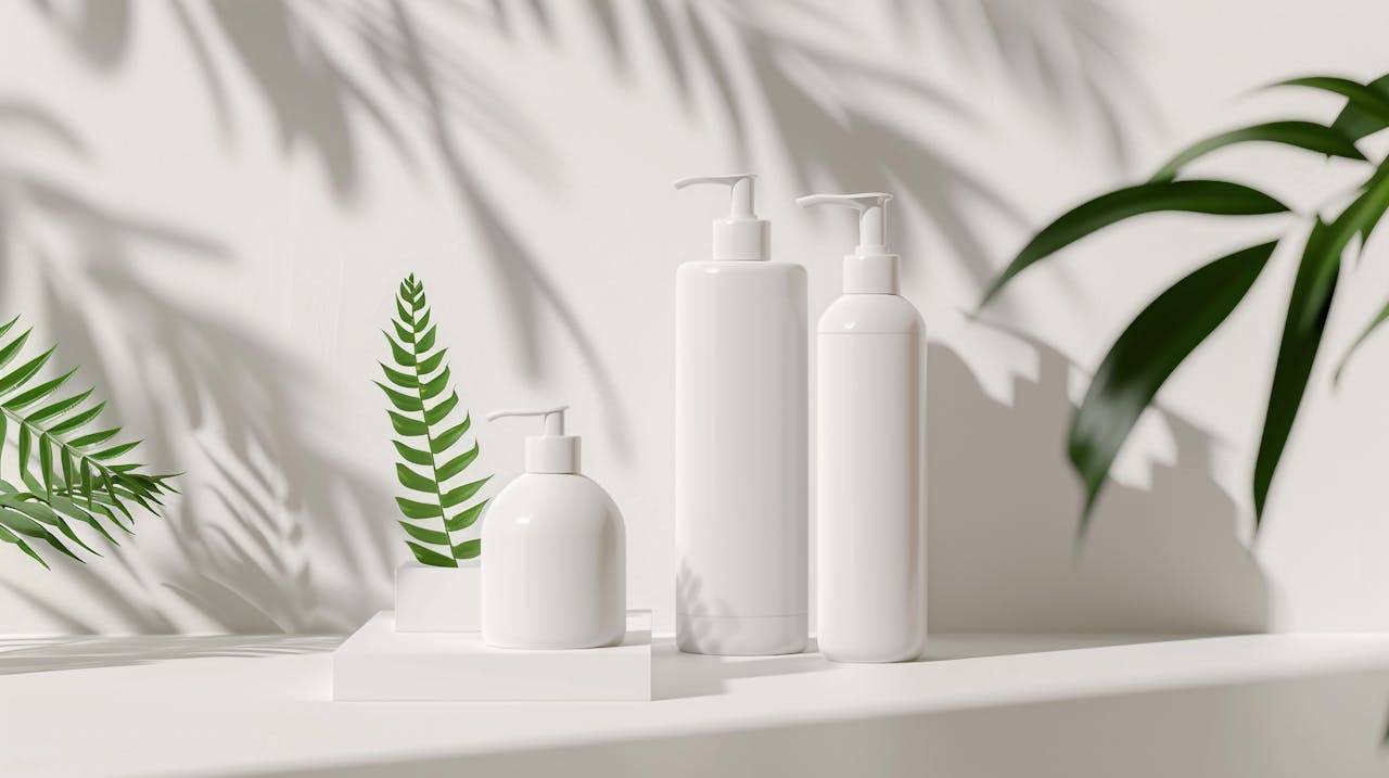 Elegant white skincare bottles next to green leaves and shadows, embodying natural beauty.